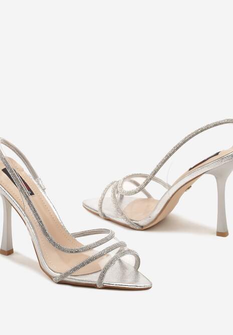 Srebrne Transparentne Sandały na Cienkiej Szpilce Ozdobione Cyrkoniami Glarra