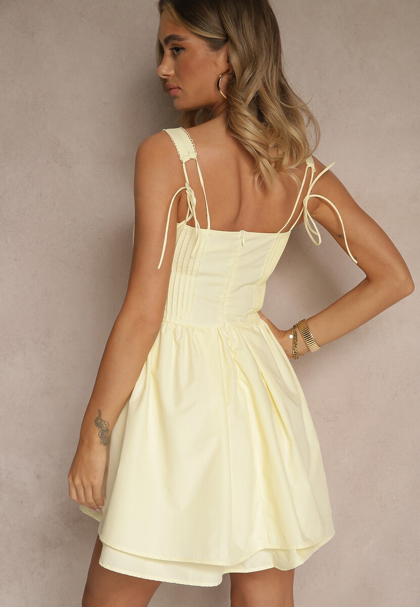 Żółta Rustykalna Sukienka Vices z Bawełny Zdobiona Wiązaniem Fenirelle