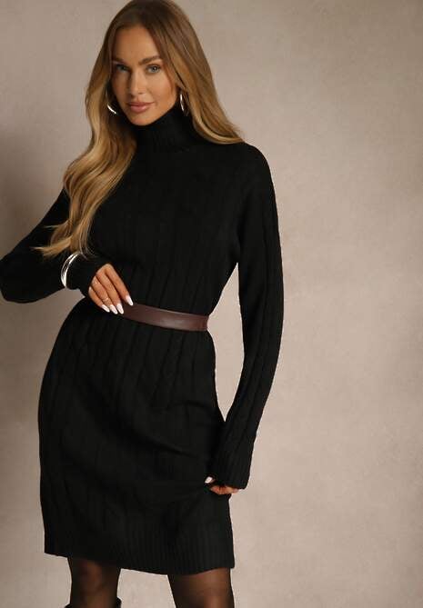 Czarna Sukienka Sweterkowa z Golfem Wełną  Bawełną i Ozdobnym Splotem Reilenea