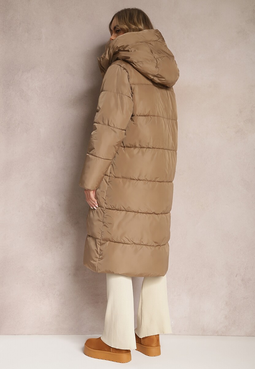 Brązowa Kurtka za Kolano Pikowana z Kapturem Nafesa