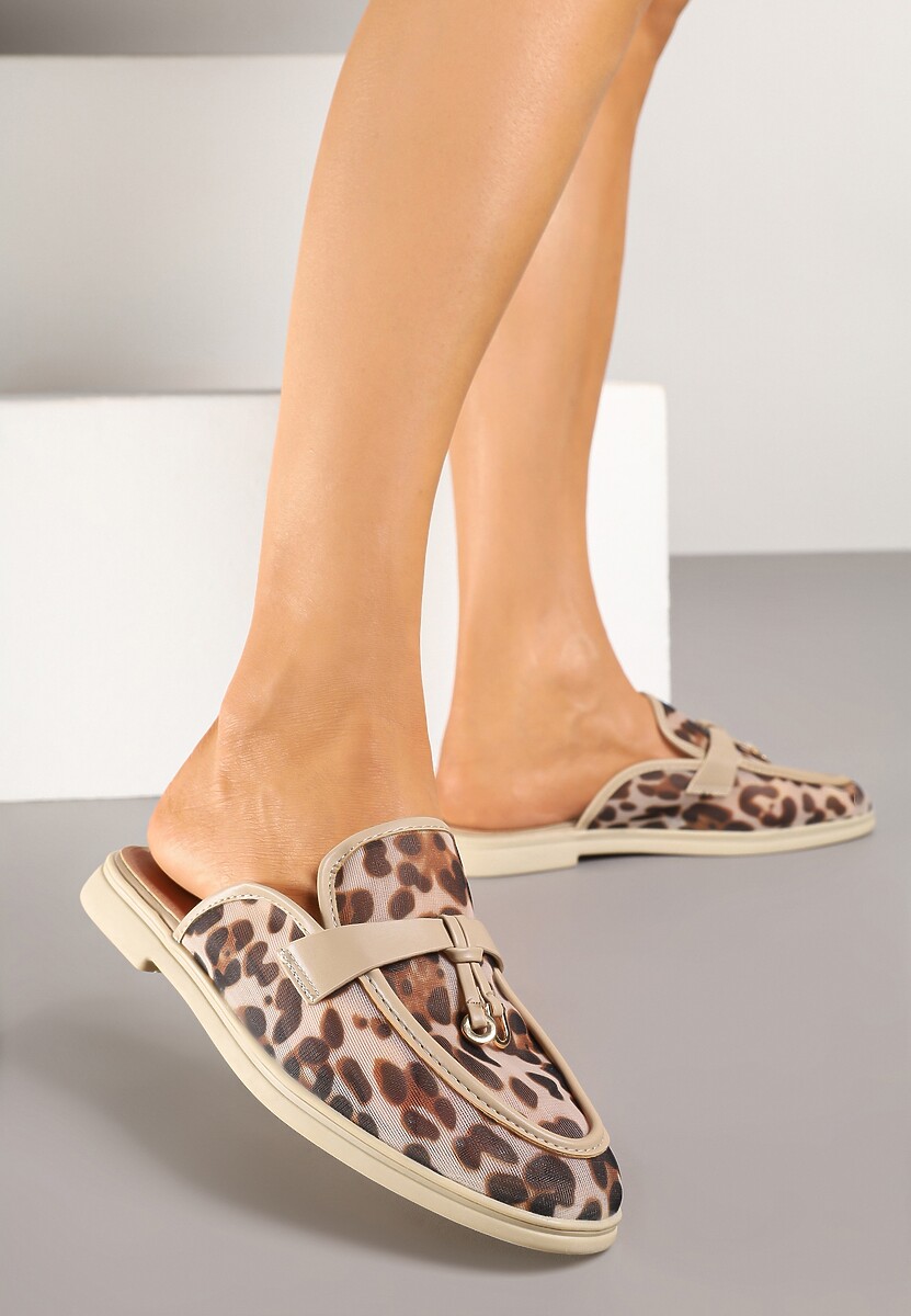 Panterkowe Transparentne Klapki Mule z Siateczki Zdobione Zawieszką Telianne