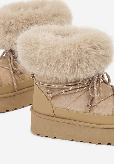 Ciemnobeżowe Śniegowce na Platformie Ozdobione Futerkiem Teswena