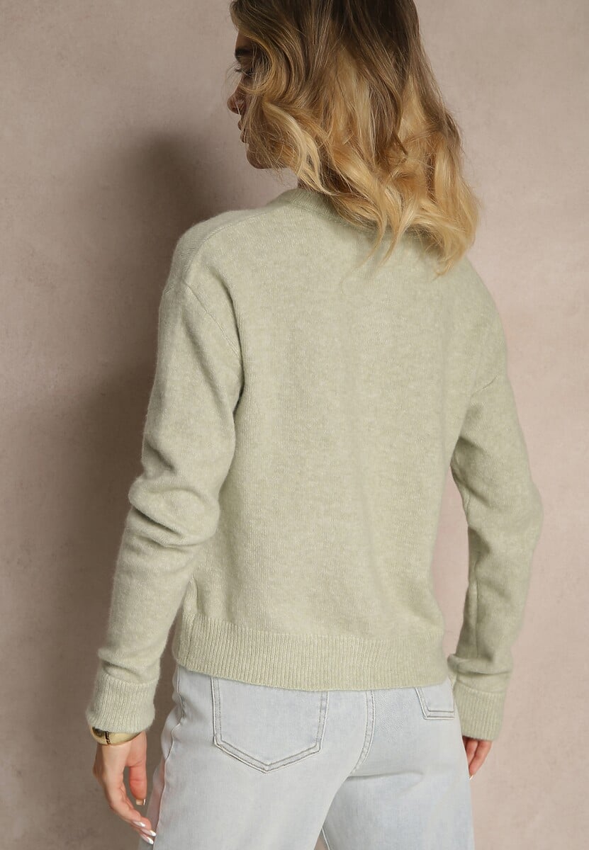 Jasnozielony Klasyczny Kardigan z Zaokrąglonym Dekoltem Reonira