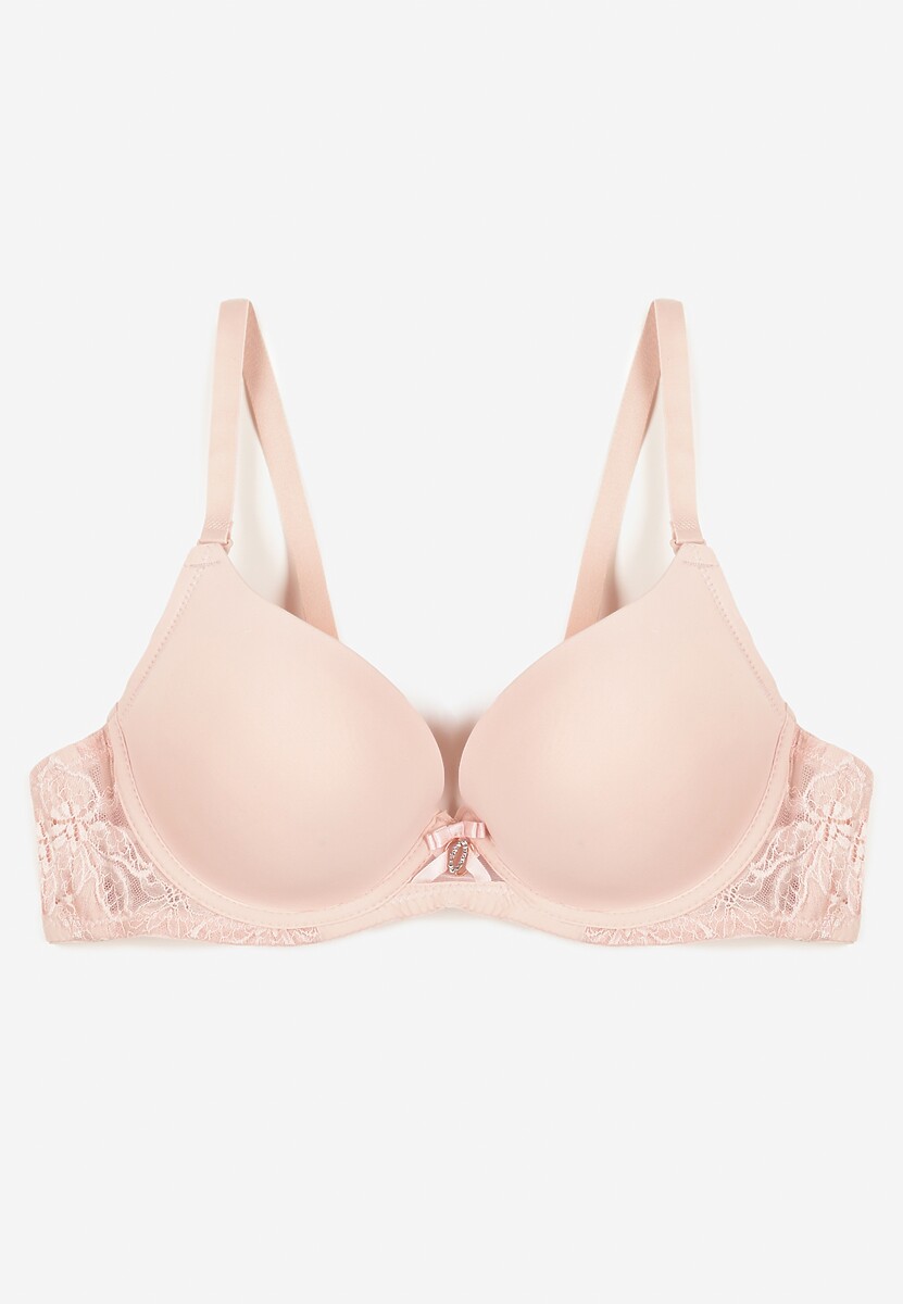 Jasnoróżowy Biustonosz z Efektem Push Up i Ozdobną Koronką Emithria