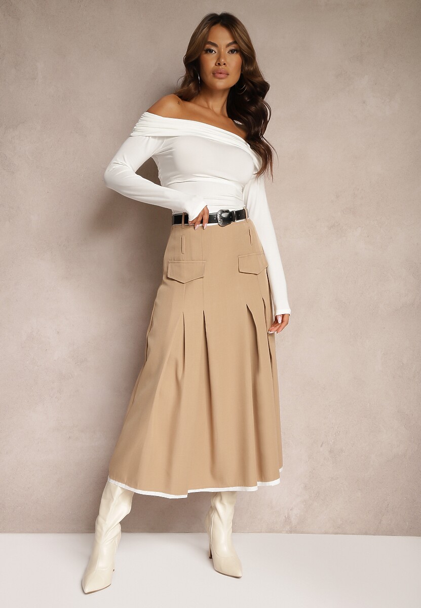 Szara Spódnica High Waist z Plisami Wykończona Imitacją Kieszeni i Paskiem Evilenes