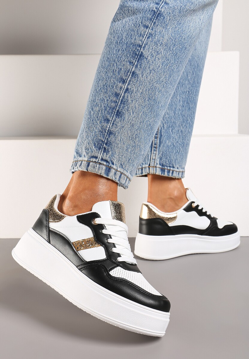 Czarno-Białe Sneakersy z Ekoskóry za Kostkę ze Sznurowaniami Zdobione Perforacją Raviana