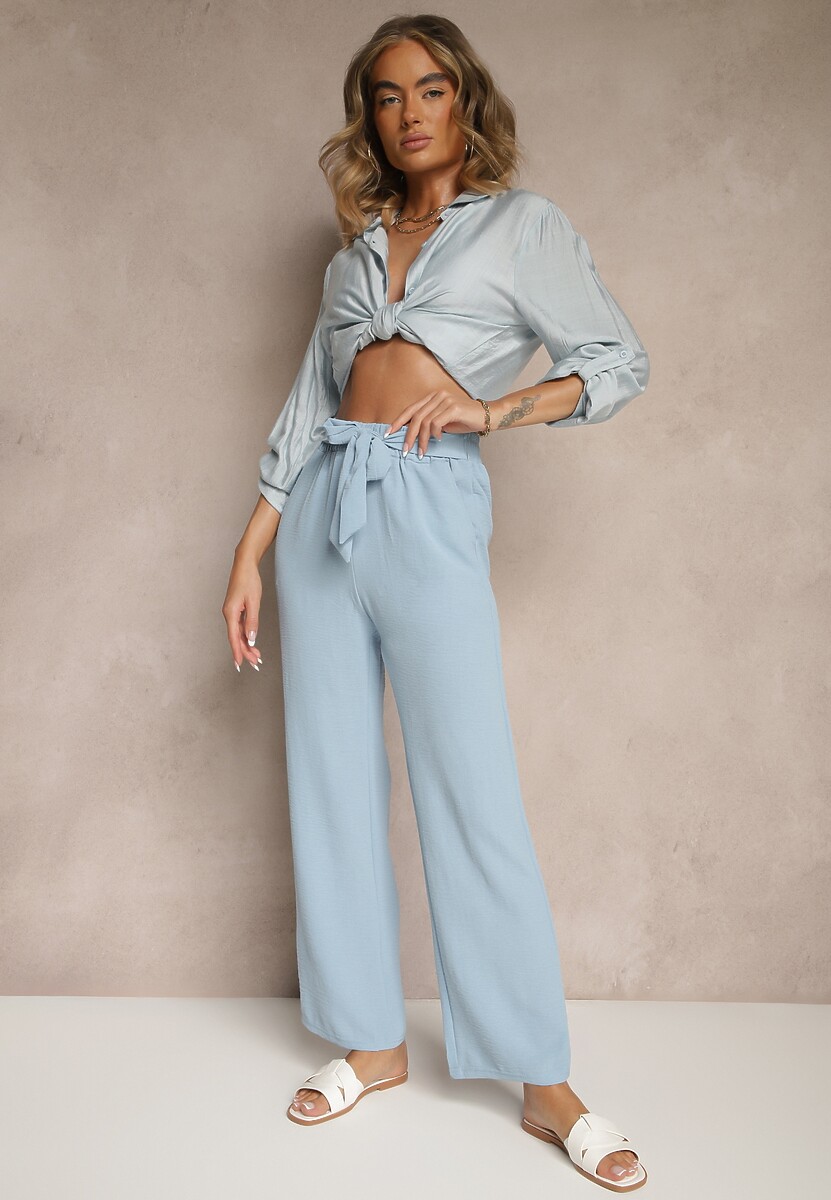 Niebieskie Spodnie z Szeroką Nogawką Wiązane w Talii Salemira