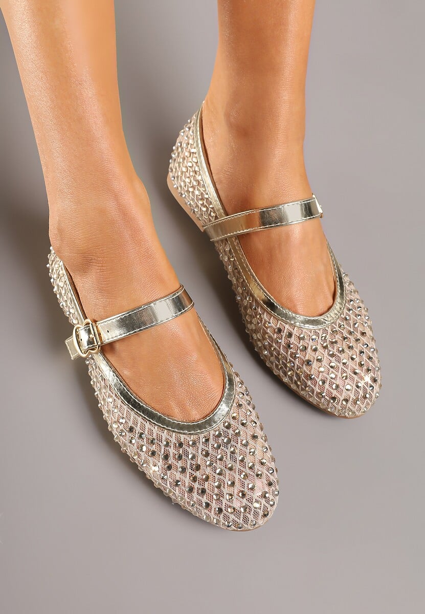 Złote Balerinki z Siateczkową Cholewką z Cyrkoniami Adislena