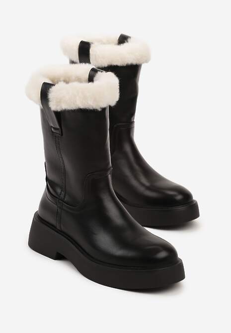 Czarne Botki na Płaskiej Podeszwie z Futerkiem na Cholewce Izafrina