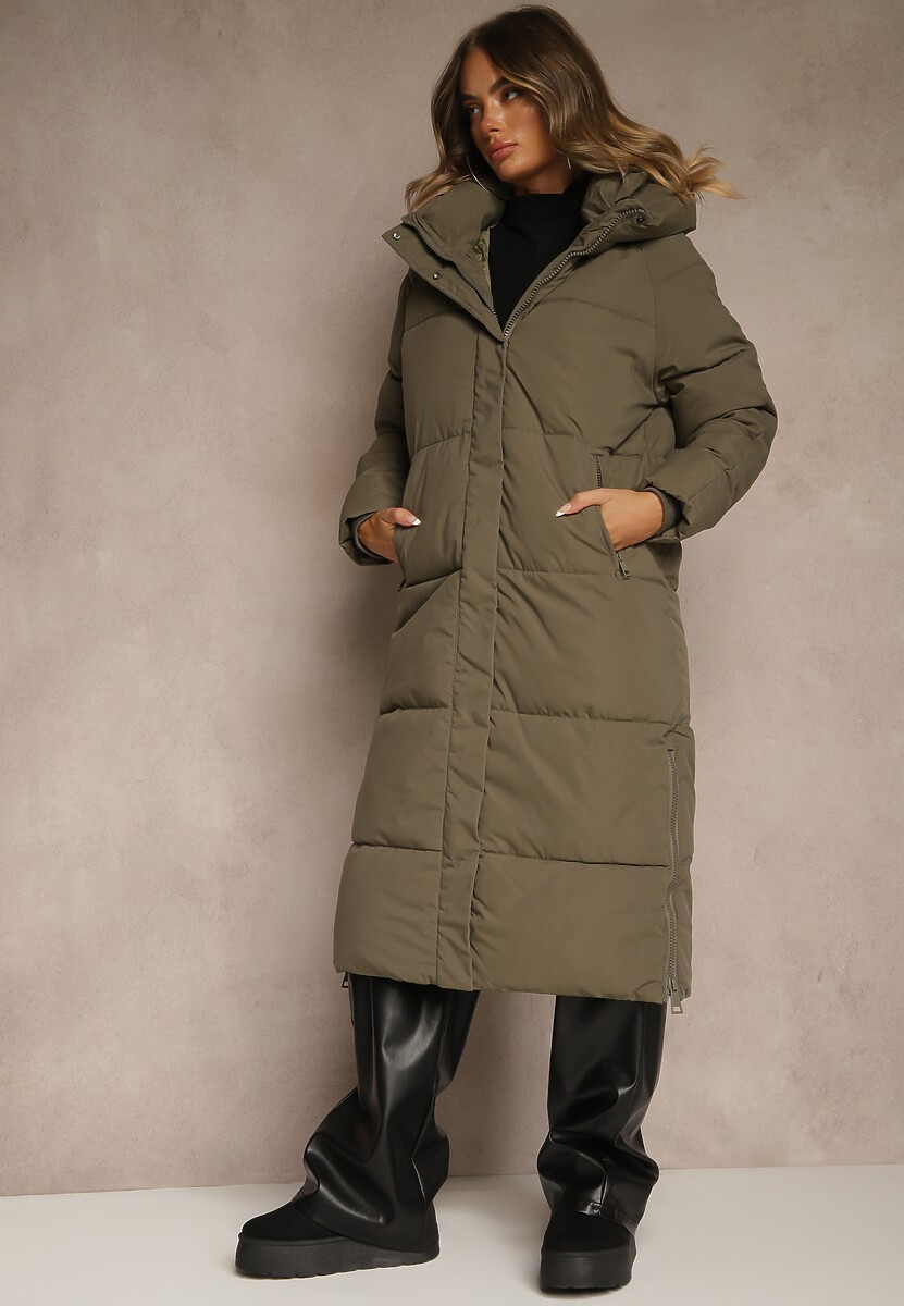 Ciemnozielona Zimowa Kurtka z Pikowanymi Przeszyciami Kapturem i Suwakami Gionea