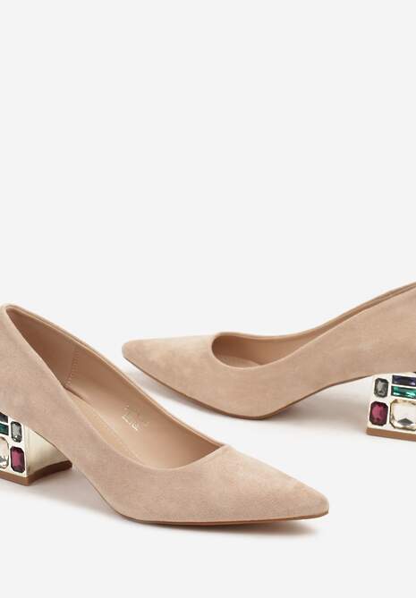 Beżowe Szpiczaste Czółenka na Kwadratowym Obcasie z Imitacją Diamentów Lerisetta