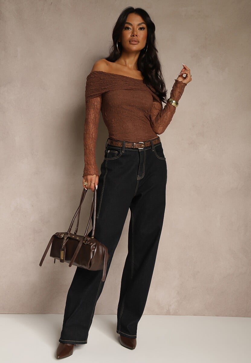 Brązowa Bluzka Longsleeve z Koronki z Odkrytymi Ramionami Unarda