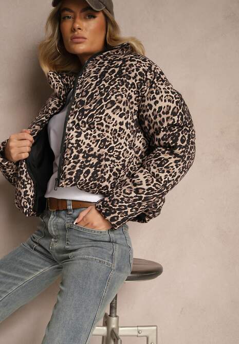 Brązowa Panterkowa Kurtka Pikowana o Krótkim Kroju ze Ściągaczami Ivilda