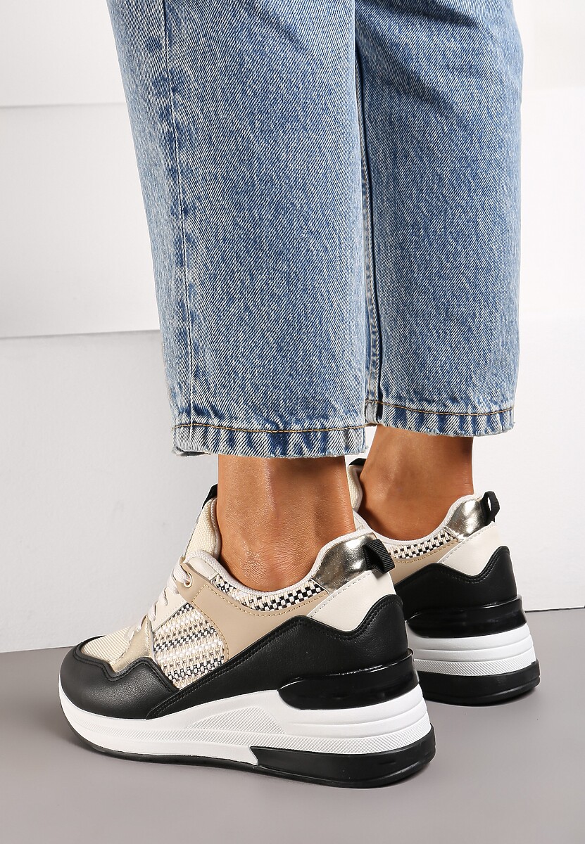 Beżowo-Czarne Sneakersy z Niskim Koturnem i Ozdobnymi Wstawkami Ysabeltia