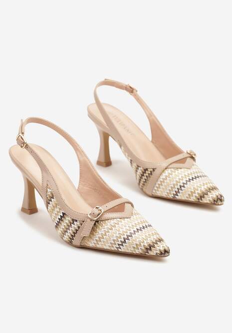 Beżowe Sandały na Obcasie Kaczuszka z Klamerką i Tweedowymi Zdobieniami Adivrae