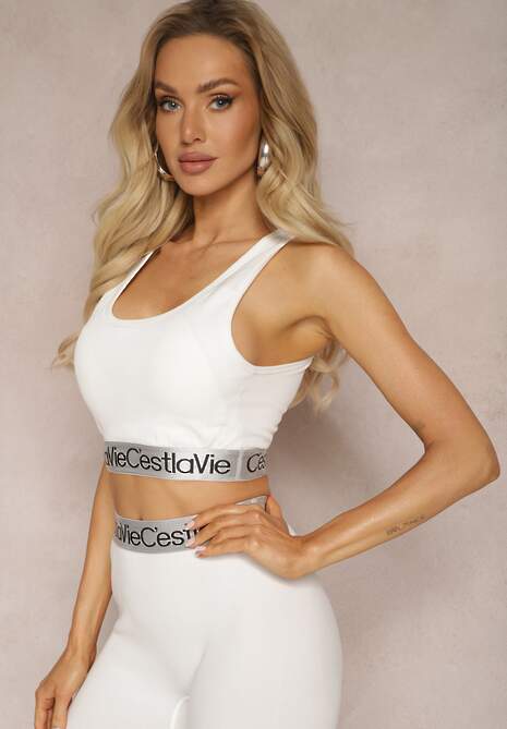 Biały Top Sportowy Biustonosz Elastyczny Prążkowany z Ozdobną Gumą Waslema