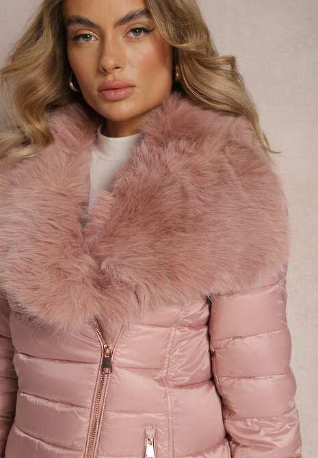 Różowa Długa Kurtka Ozdobiona Futerkiem na Kołnierzu i Pikowaniem Novenna