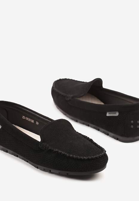 Czarne Mokasyny z Wkładką ze Skóry Naturalnej i Ozdobnymi Przeszyciami Tereldi