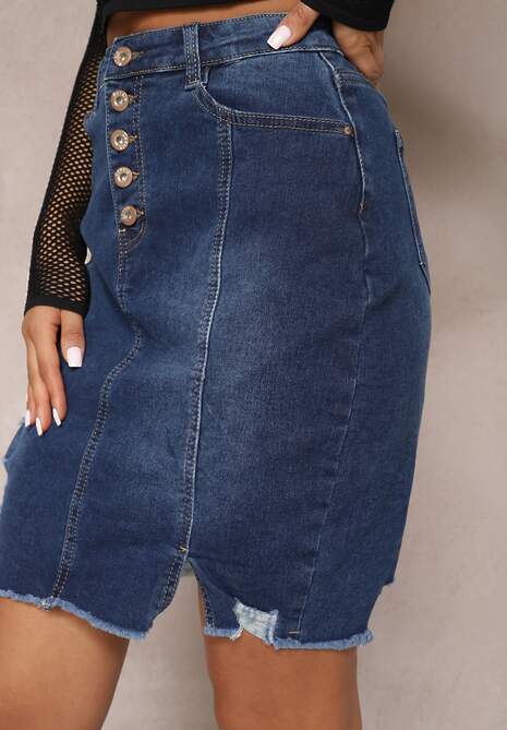 Niebieska Jeansowa Spódnica Mini z Guzikami Karandi