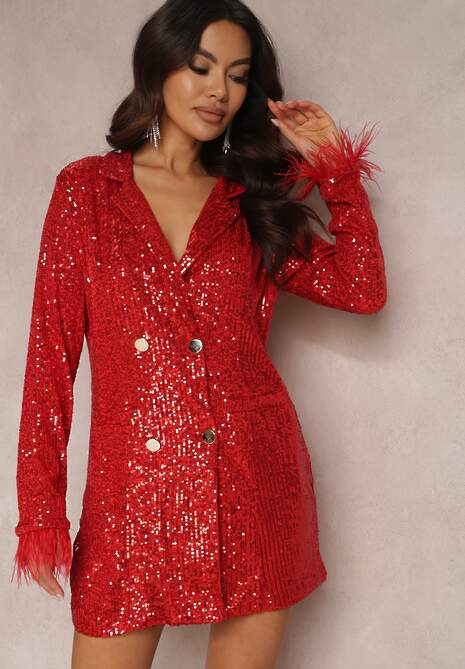 Czerwona Sukienka Mini o Kroju Marynarki z Cekinami i Piórkami na Rękawach Zake