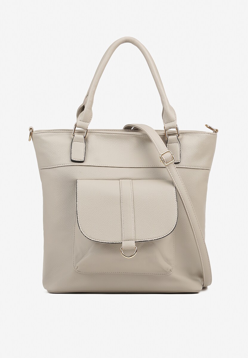 Szara Torebka Typu Shopper z Ozdobną Kieszenią i Paskiem Crossbody Frocelle