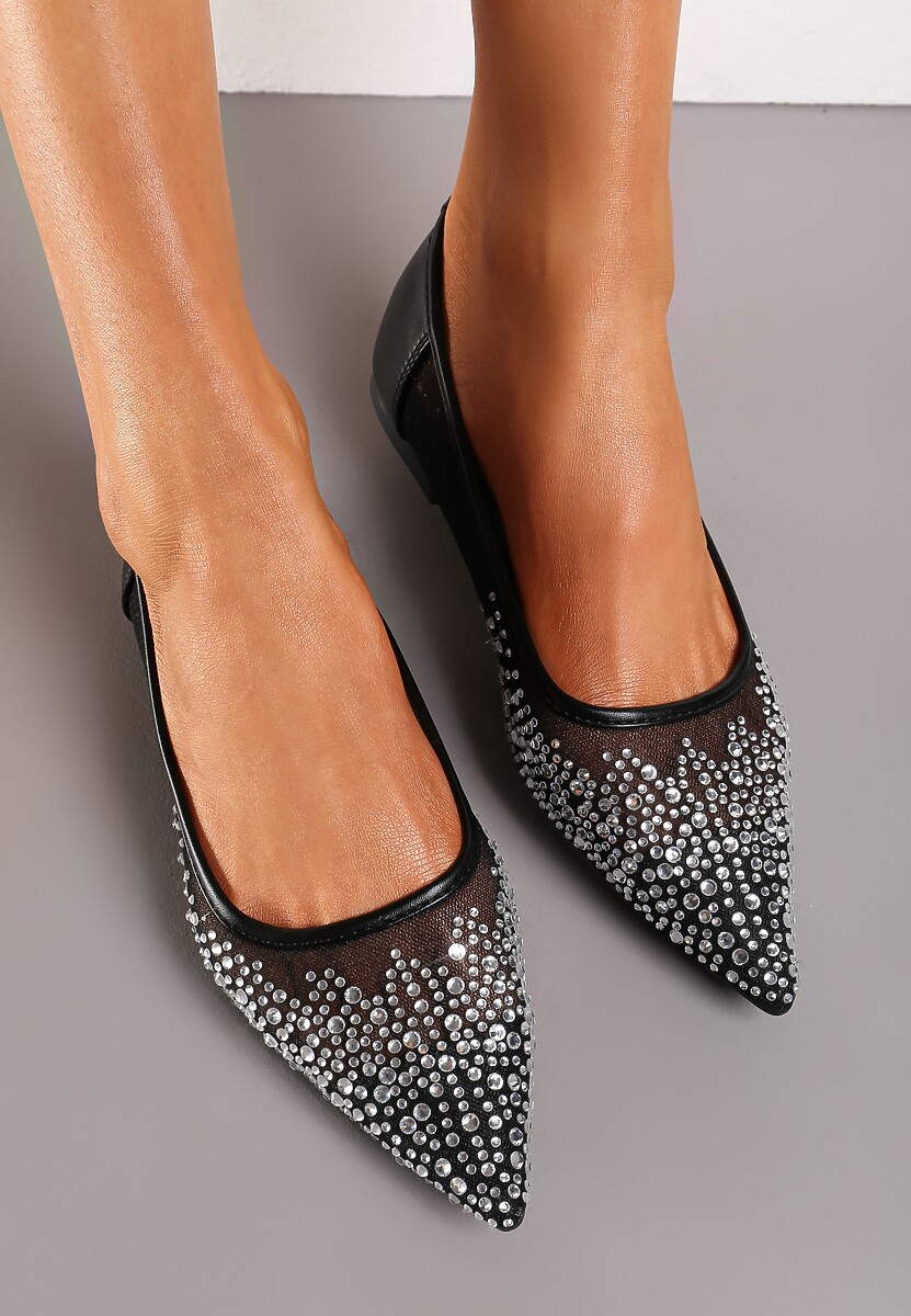 Czarne Balerinki z Siateczki z Noskiem w Szpic i Cyrkoniami Rascadia