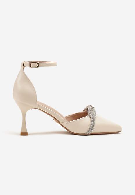 Beżowe Czółenka na Szpilce Vices z Cyrkoniową Kokardą Atennia