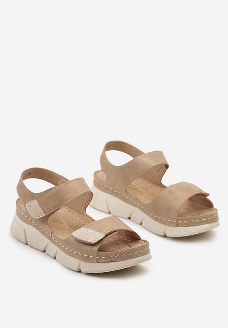 Ciemnobeżowe Sandały z Wkładką ze Skóry na Grubej Podeszwie z Zapięciami na Rzepy Alindera