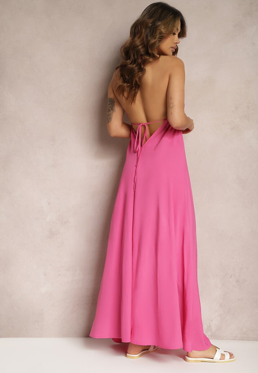 Fuksjowa Rozkloszowana Sukienka Wiązana na Szyi i Plecach z Wiskozy Weilin