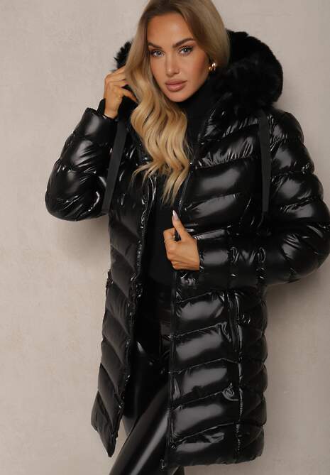 Czarna Kurtka Pikowana  o Długim Kroju Ozdobiona Sznurkami i Odpinanym Futerkiem Lorrina