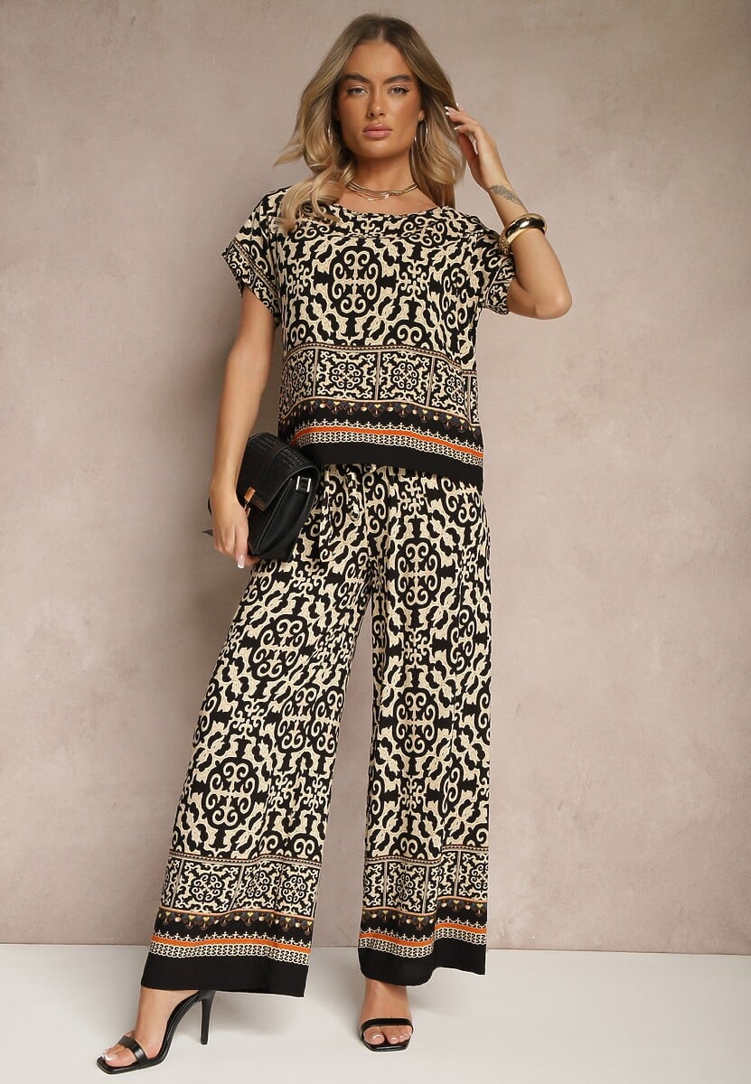 Czarny Komplet Spodnie i Bluzka z Bawełny w Ornamentalny Print Nanitria
