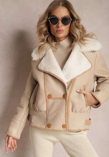 Jasnobeżowa Kurtka Pilotka z Ozdobnym Futerkiem Belwina
