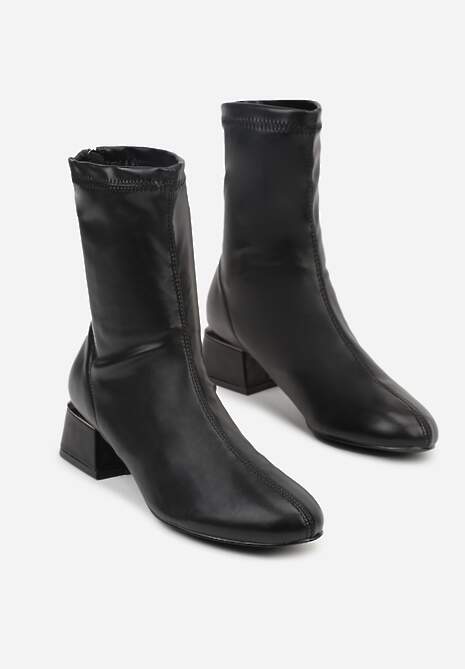 Czarne Eleganckie Botki VICES Skarpetkowe na Klocku z Metalicznym Zdobieniem Rivite