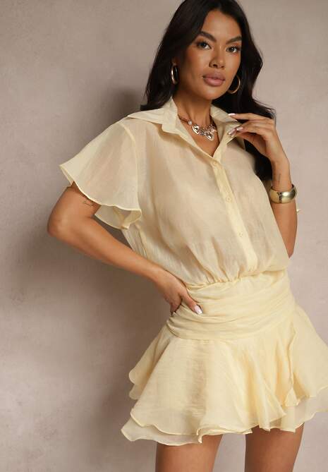 Żółta Sukienka o Koszulowym Kroju z Krótkim Rękawem Zdobiona Falbankami Mirenora