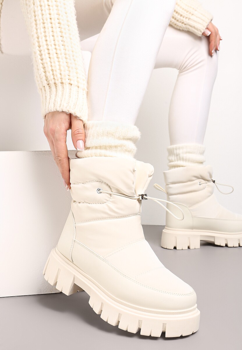 Beżowe Śniegowce na Niskiej Platformie z Ozdobnym Pikowaniem i Ściągaczem Raballa