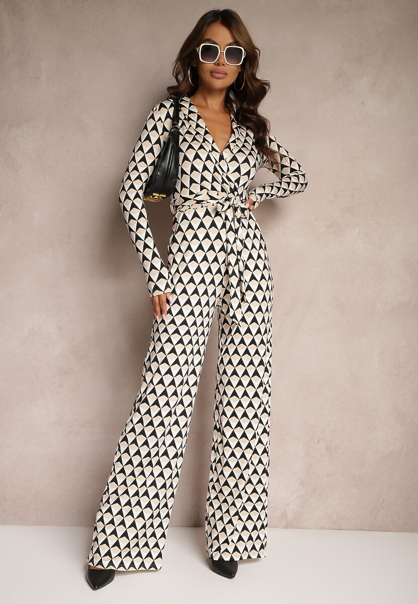 Beżowy Kombinezon z Kopertowym Dekoltem i Wiązanym Paskiem Tallsend