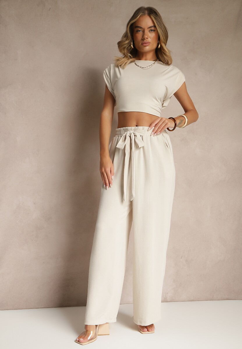 Jasnobeżowe Spodnie z Wiskozą o Szerokim Kroju z Wiązanym Paskiem Zileindra