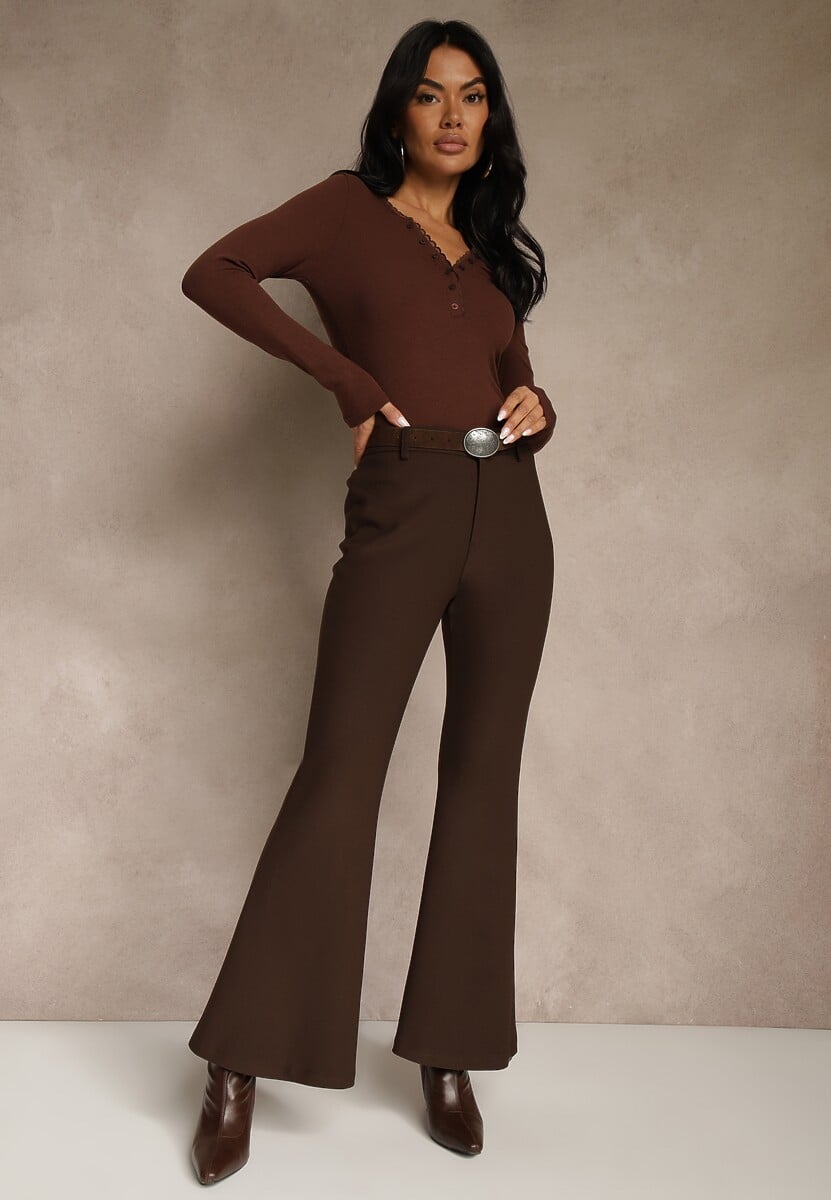 Brązowe Spodnie Flare z Wiskozy i Bawełny z Paskiem w Kowbojskim Stylu Tusiera
