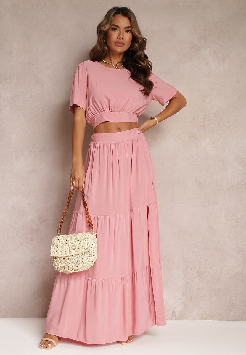 Różowy Komplet z Wiskozy 2-Częściowy Top i Spódnica z Falbankami Jakki