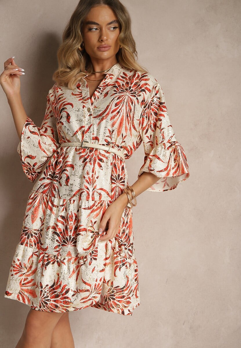 Zielono-Beżowa Sukienka z Lnem o Rozkloszowanym Kroju Zdobiona Metalicznym Nadrukiem Filinwena