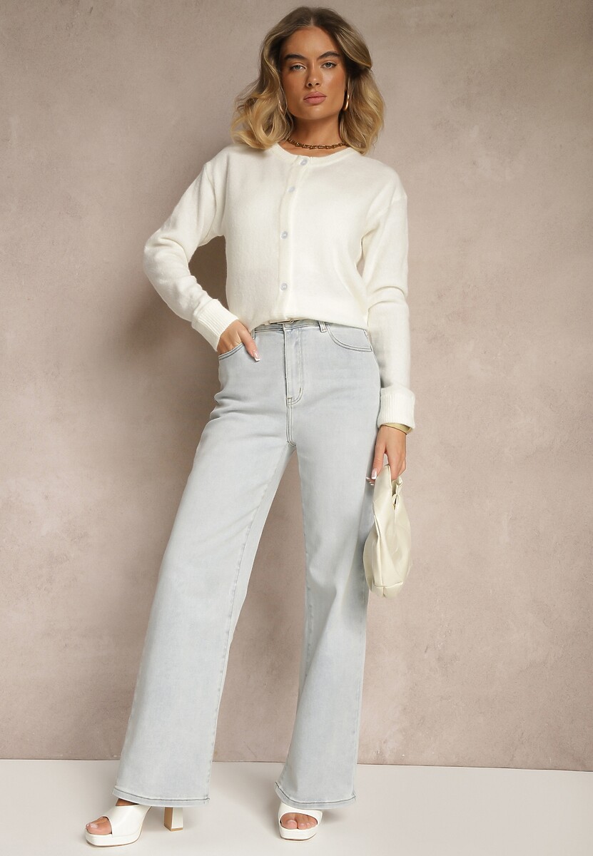 Biały Klasyczny Kardigan z Zaokrąglonym Dekoltem Reonira