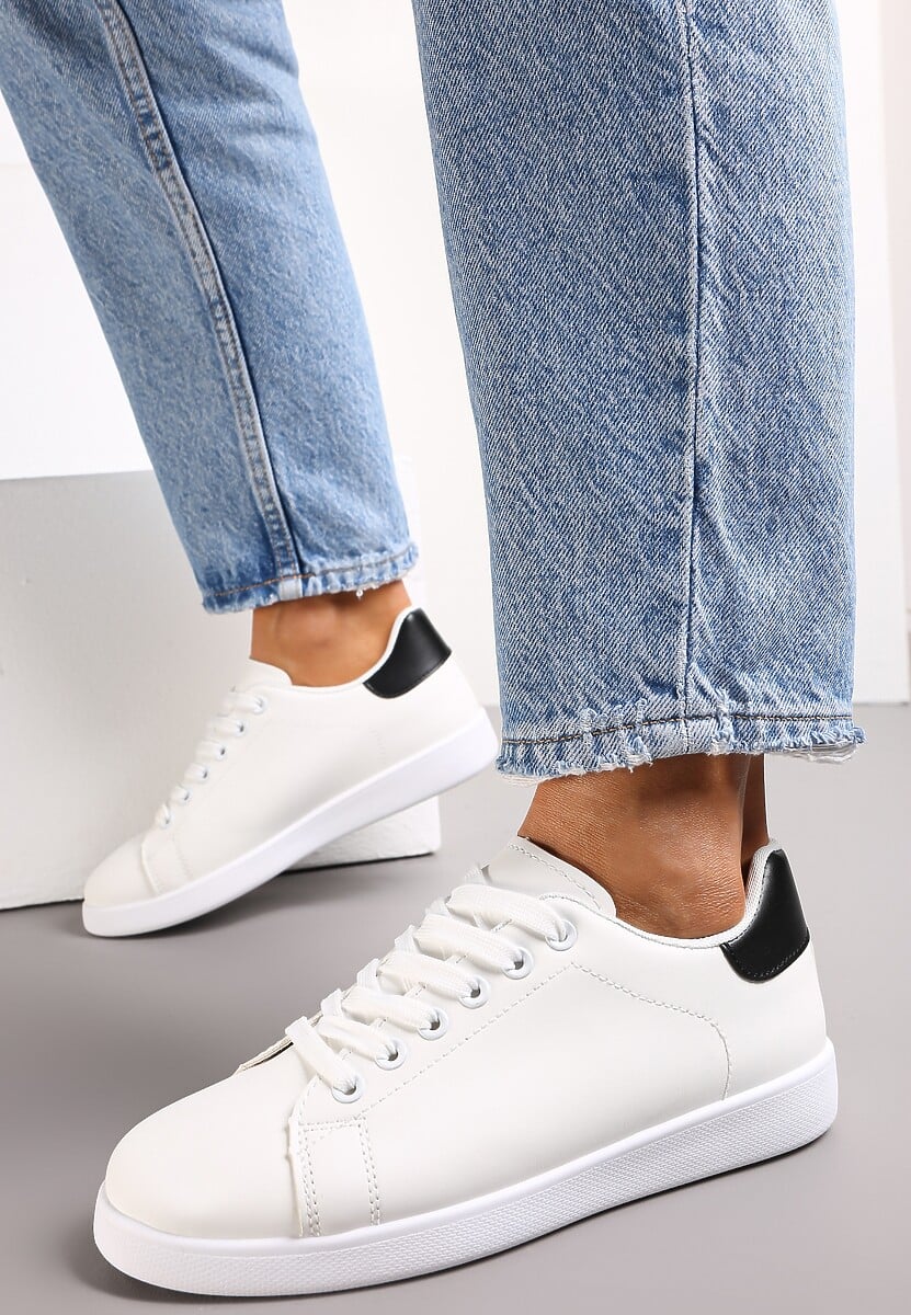 Biało-Czarne Sneakersy na Płaskiej Podeszwie z Ozdobną Wstawką i Sznurowaniem Neotine