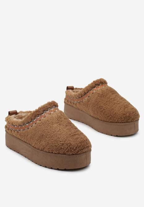 Brązowe Kapcie na Platformie z Ozdobną Lamówką Topora