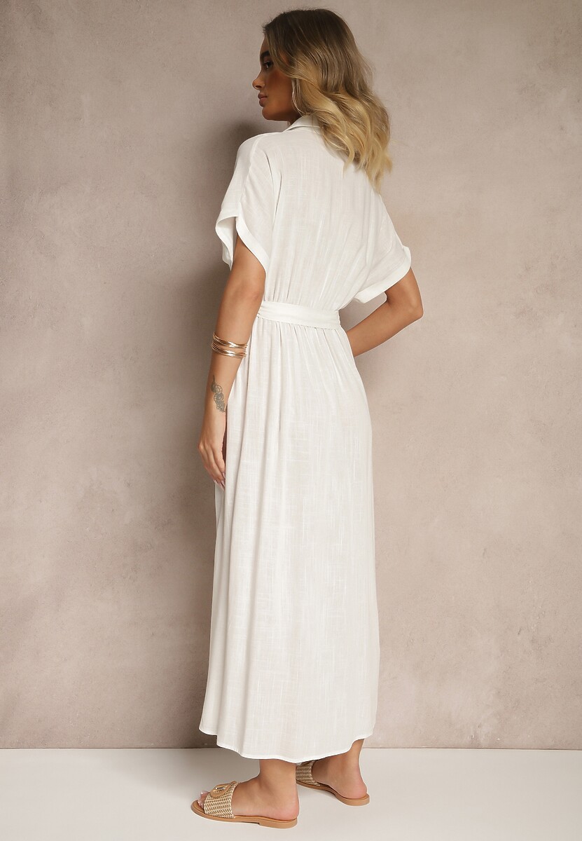 Biała Sukienka Koszulowa z Wiskozą i Lnem Ozdobiona Paskiem Lunie