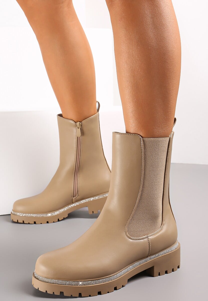 Ciemnobeżowe Botki Sztyblety z Podeszwą z Protektorem Avelintis