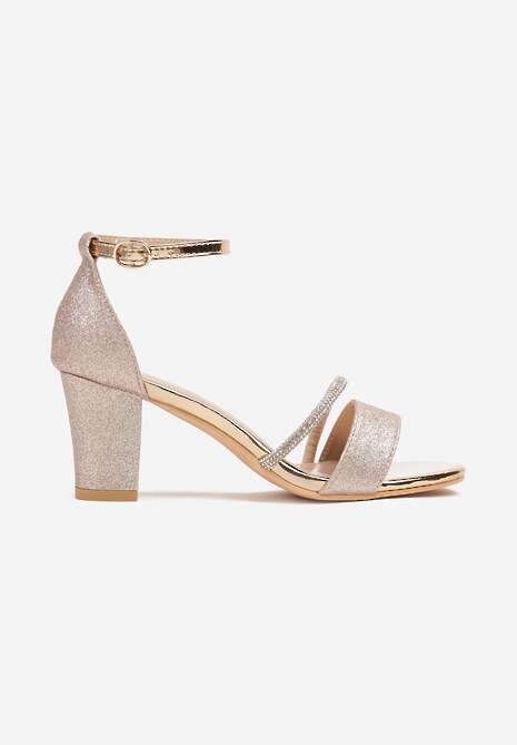 Szampańskie Sandały na Słupku Ozdobione Cyrkoniami i Brokatem Zapinane na Sprzączkę Wejkis