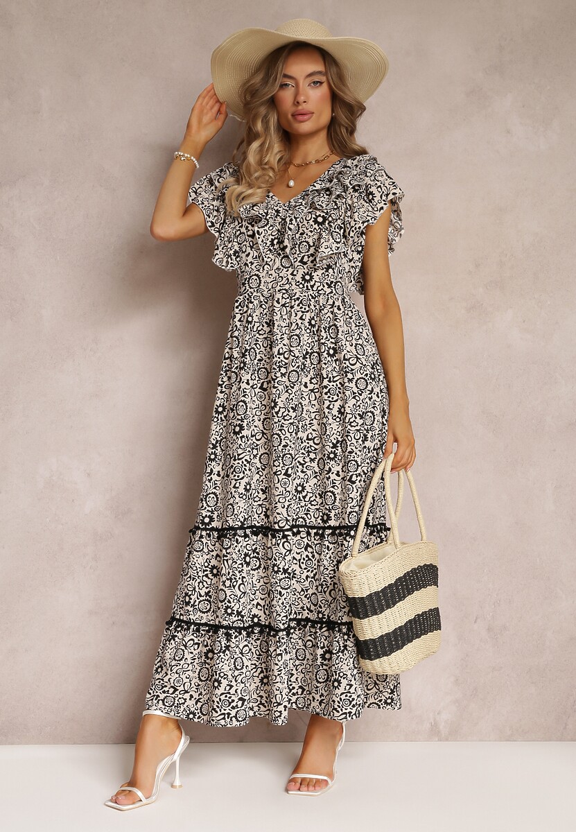 Zielona Wiskozowa Sukienka Maxi z Falbanką przy Dekolcie i Gumką w Pasie Lamimore