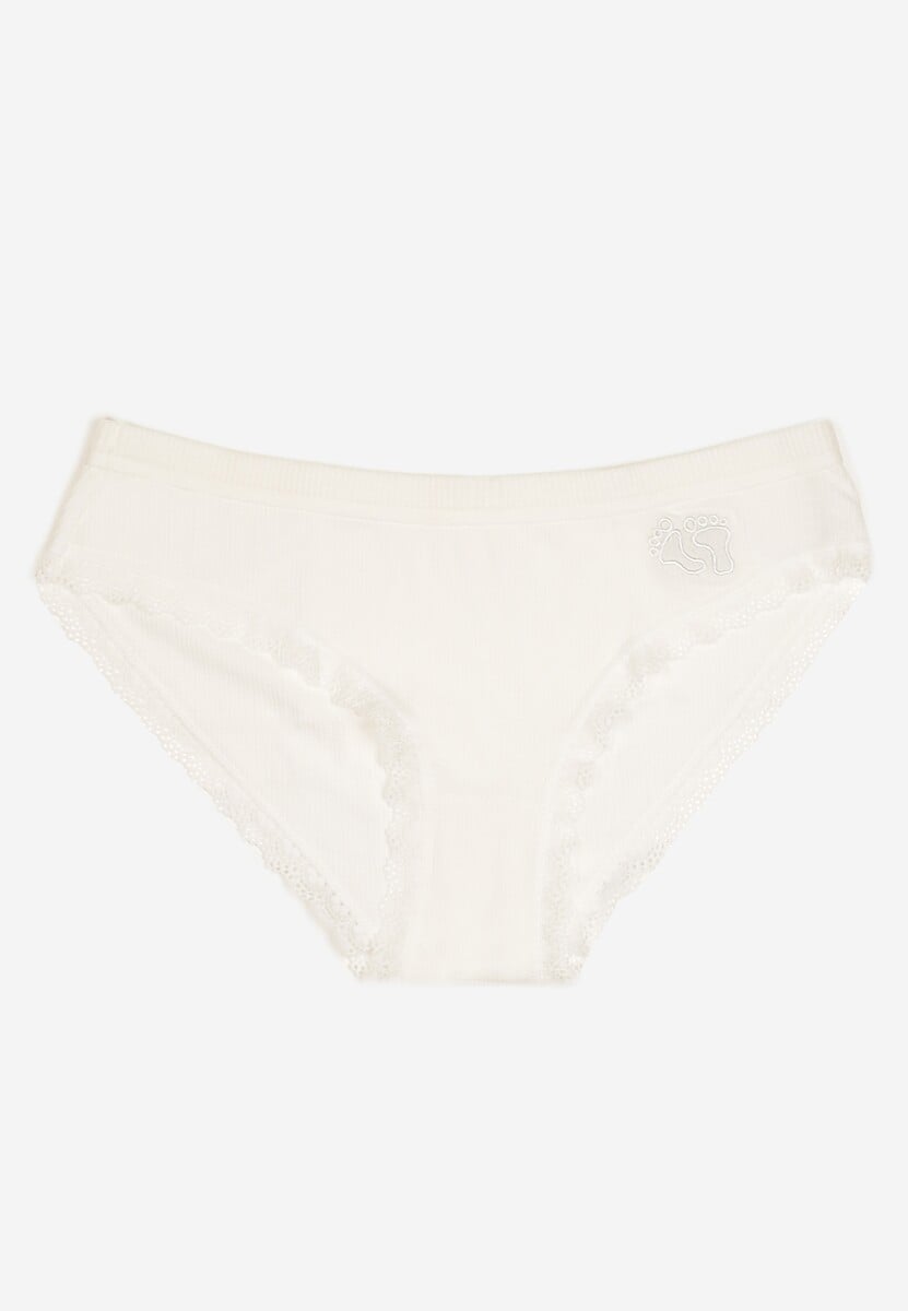 Białe Bawełniane Majtki Figi z Prążkowanego Materiału Wykończone Koronką Osivia