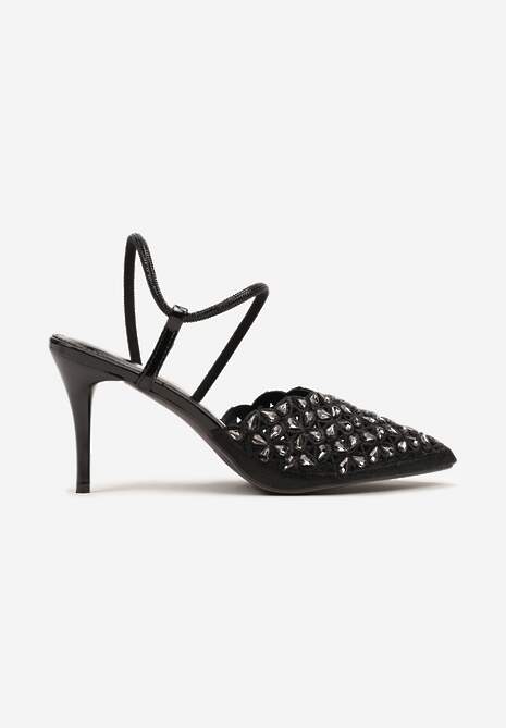 Czarne Sandały na Szpilce Slingback z Cyrkoniami Dimte