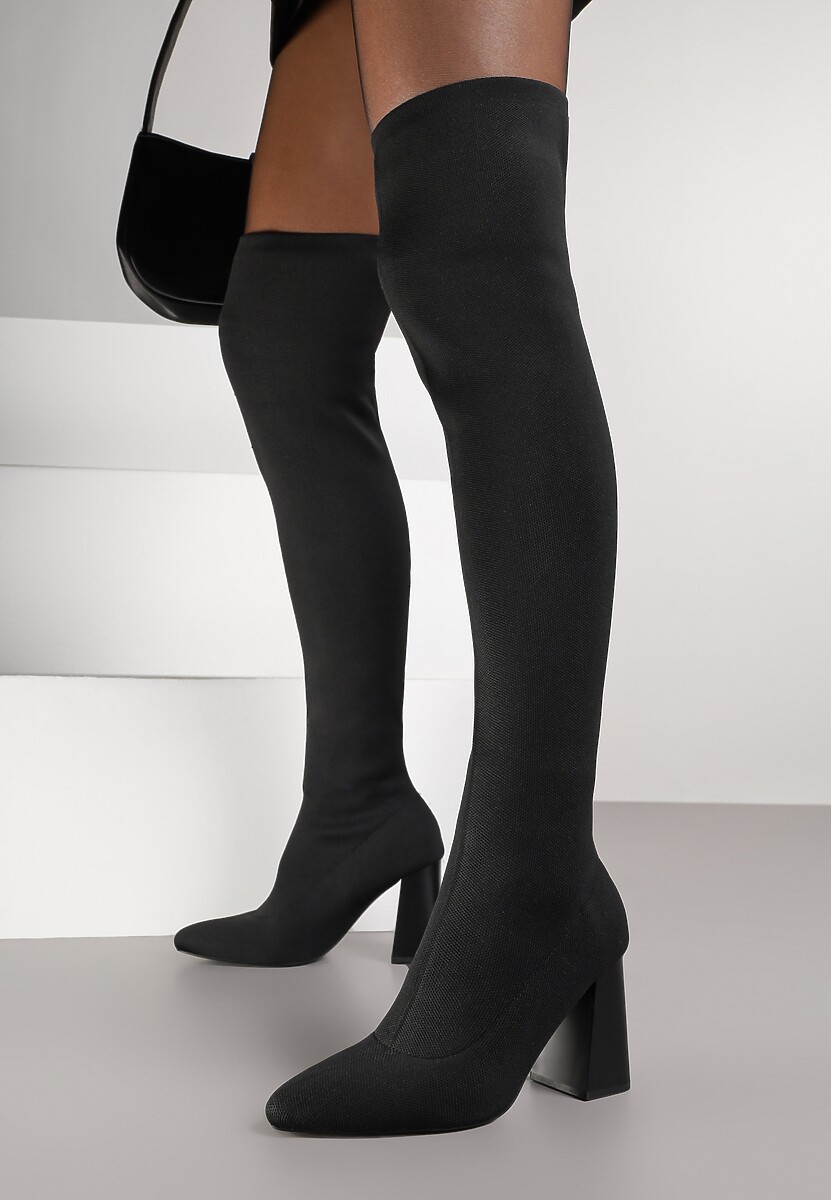 Czarne Kozaki Vices za Kolano na Słupku ze Skarpetkową Cholewką Neliannea